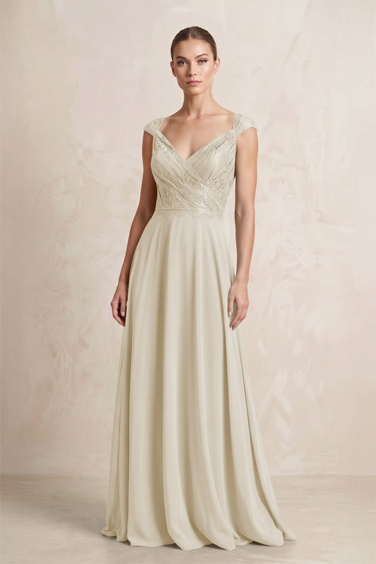 A-Line Chiffon V-Neck Pleated Bridesmaid Dress with Cap Sleeves in Dove Gray