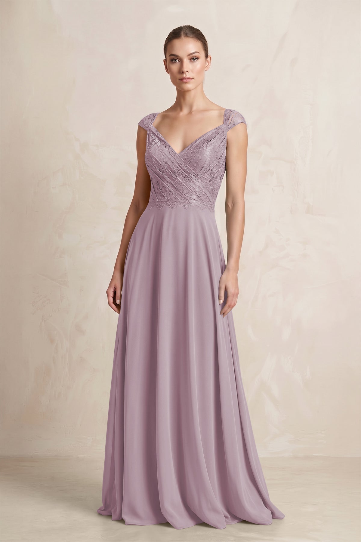 A-Line Chiffon V-Neck Pleated Bridesmaid Dress with Cap Sleeves in Dusk