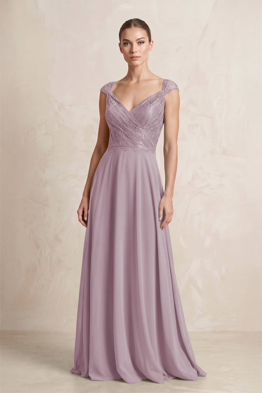 A-Line Chiffon V-Neck Pleated Bridesmaid Dress with Cap Sleeves in Dusk