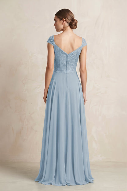 A-Line Chiffon V-Neck Pleated Bridesmaid Dress with Cap Sleeves in Dusty Blue