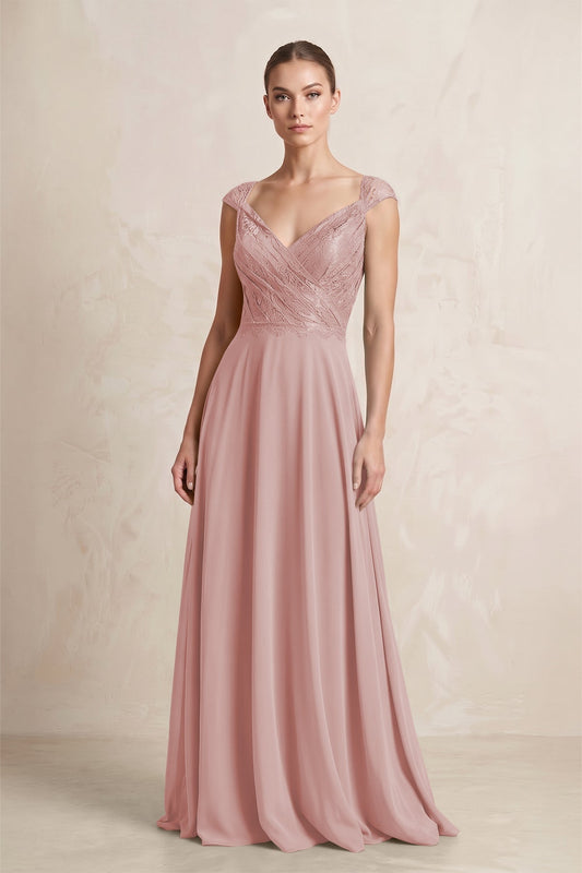 A-Line Chiffon V-Neck Pleated Bridesmaid Dress with Cap Sleeves in Dusty Rose