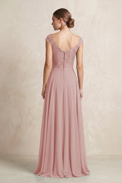 A-Line Chiffon V-Neck Pleated Bridesmaid Dress with Cap Sleeves in Dusty Rose