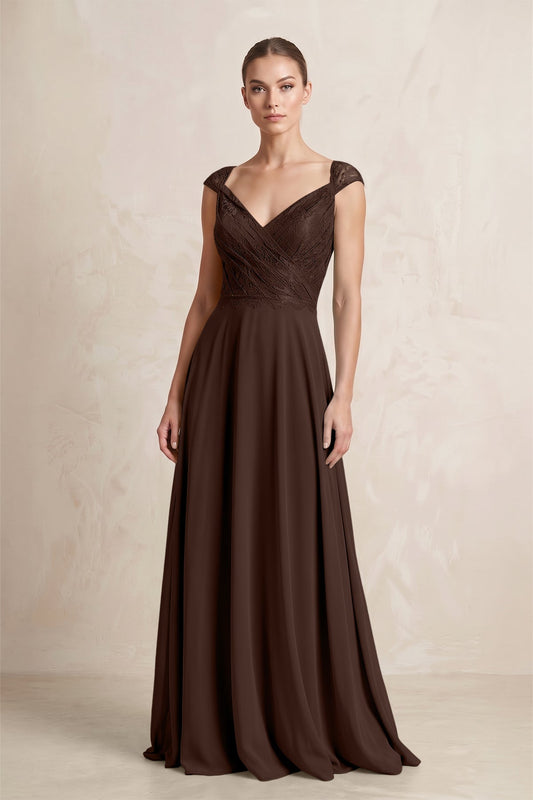 A-Line Chiffon V-Neck Pleated Bridesmaid Dress with Cap Sleeves in Espresso