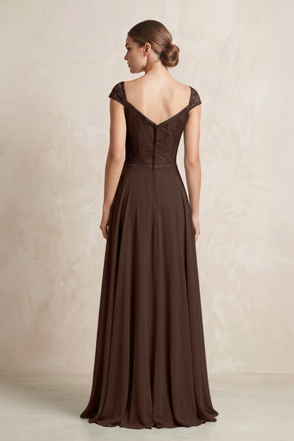 A-Line Chiffon V-Neck Pleated Bridesmaid Dress with Cap Sleeves in Espresso