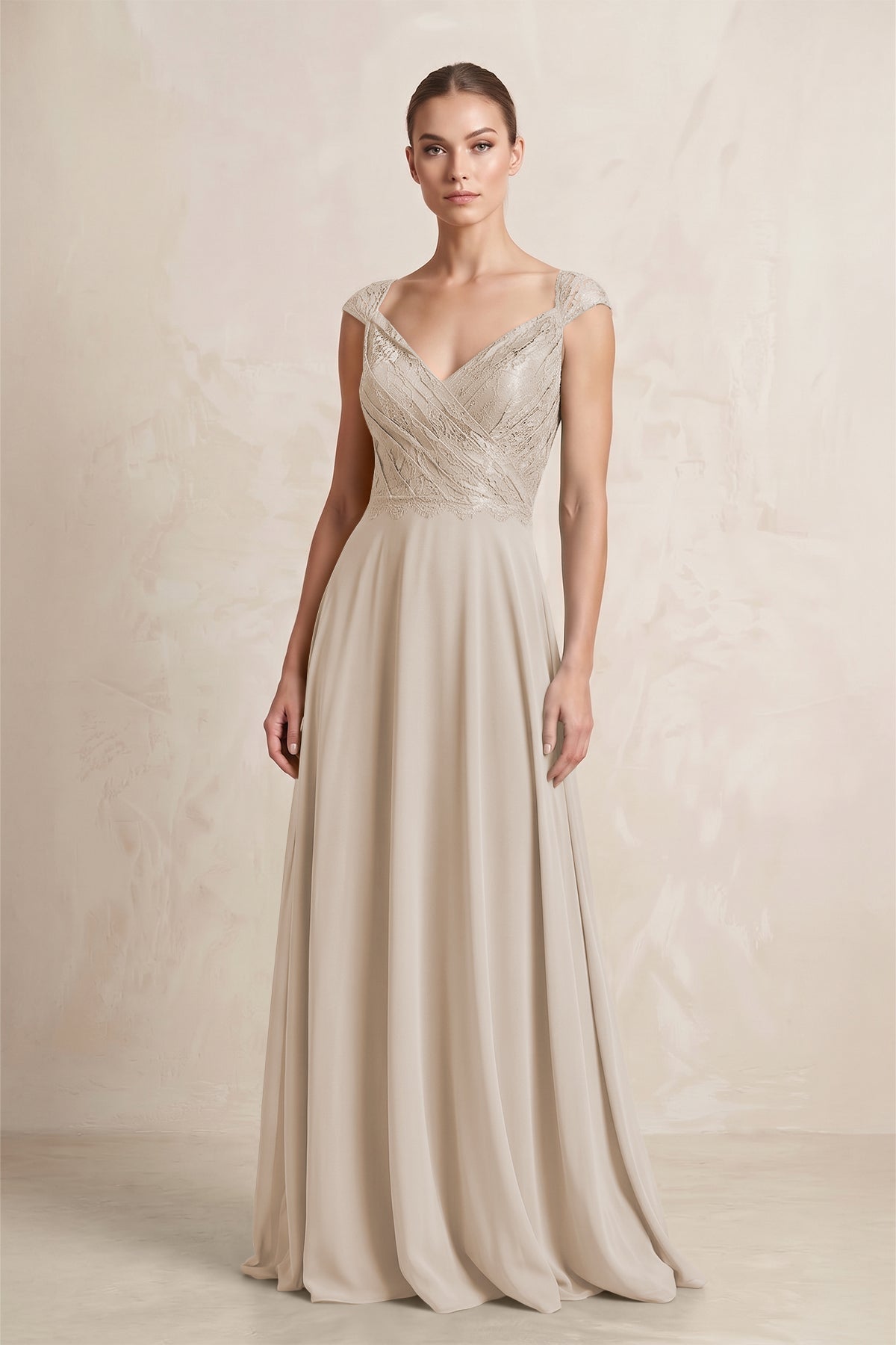 A-Line Chiffon V-Neck Pleated Bridesmaid Dress with Cap Sleeves in Frost