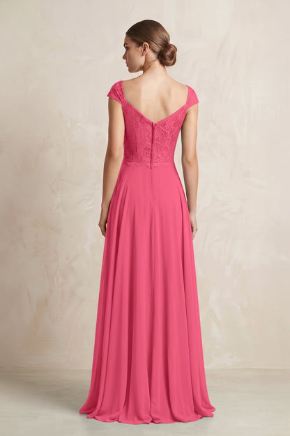 A-Line Chiffon V-Neck Pleated Bridesmaid Dress with Cap Sleeves in Fuchsia