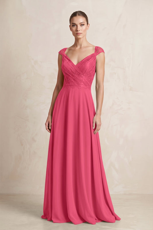 A-Line Chiffon V-Neck Pleated Bridesmaid Dress with Cap Sleeves in Fuchsia