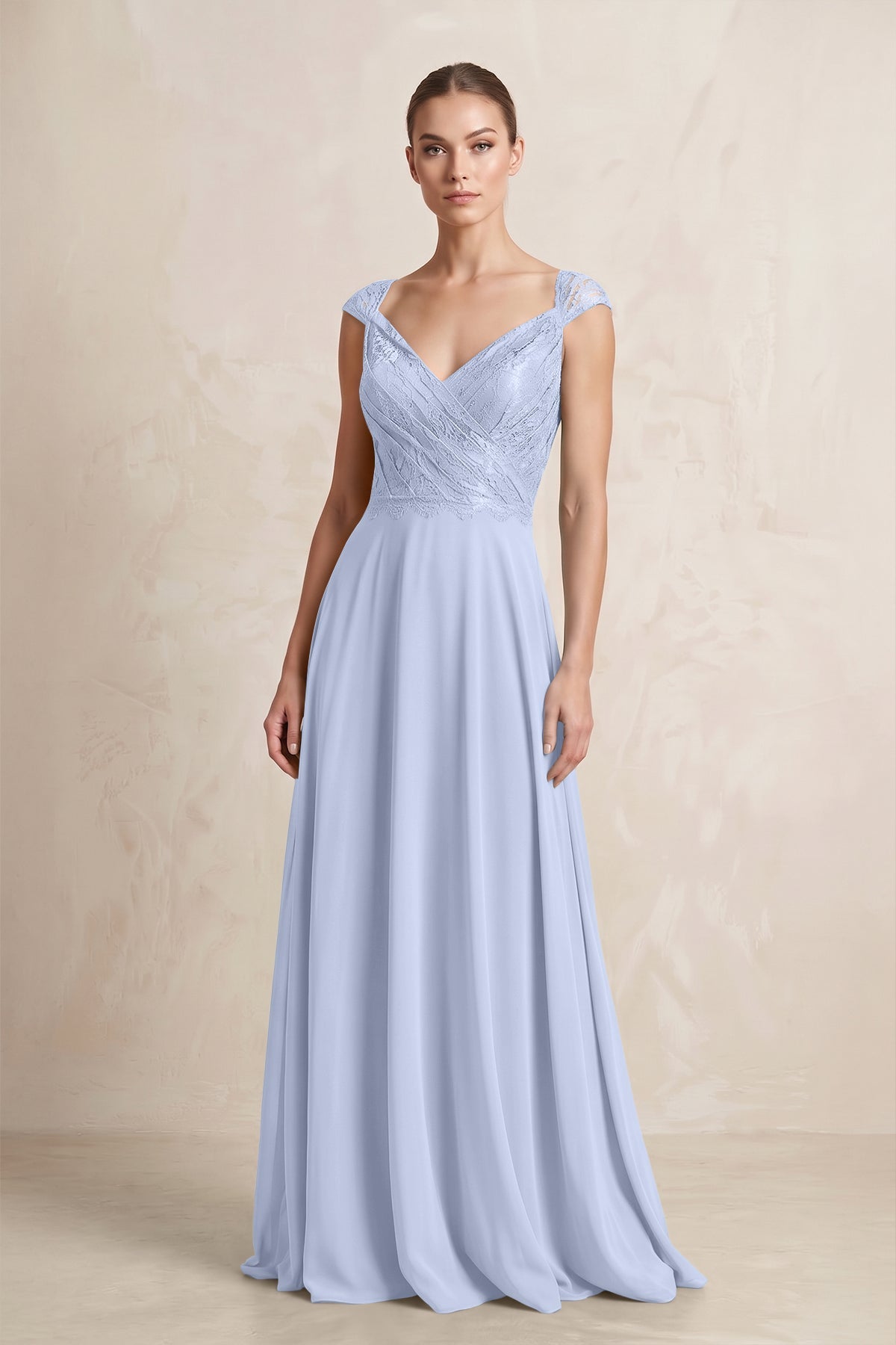 A-Line Chiffon V-Neck Pleated Bridesmaid Dress with Cap Sleeves in Ice