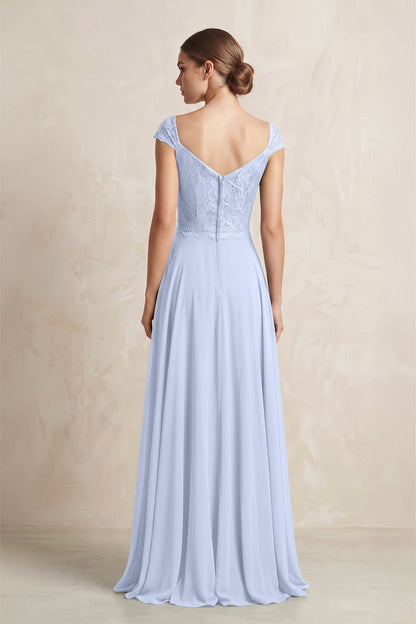 A-Line Chiffon V-Neck Pleated Bridesmaid Dress with Cap Sleeves in Ice