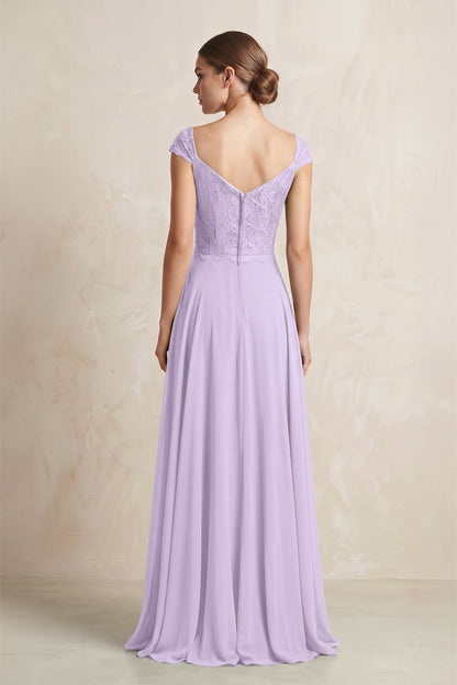 A-Line Chiffon V-Neck Pleated Bridesmaid Dress with Cap Sleeves in Lavender