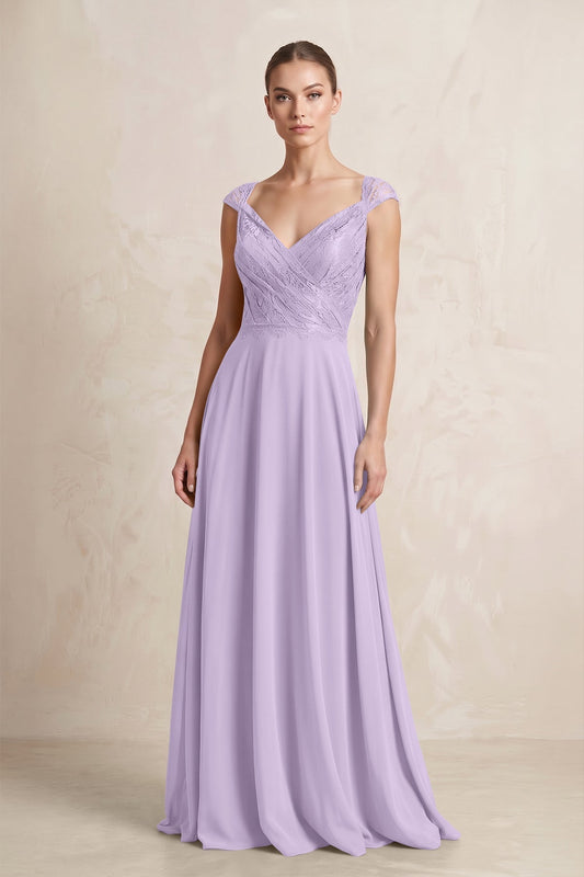 A-Line Chiffon V-Neck Pleated Bridesmaid Dress with Cap Sleeves in Lavender