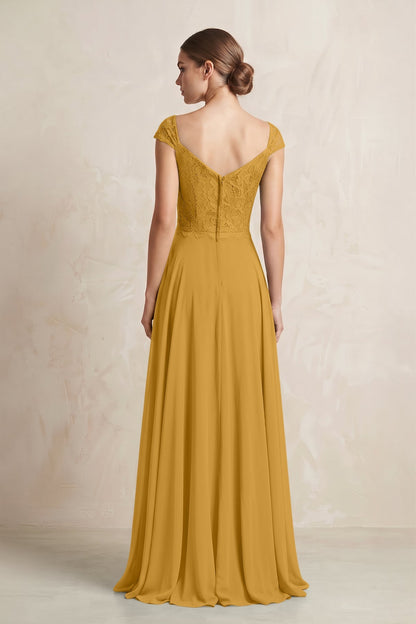 A-Line Chiffon V-Neck Pleated Bridesmaid Dress with Cap Sleeves in Marigold