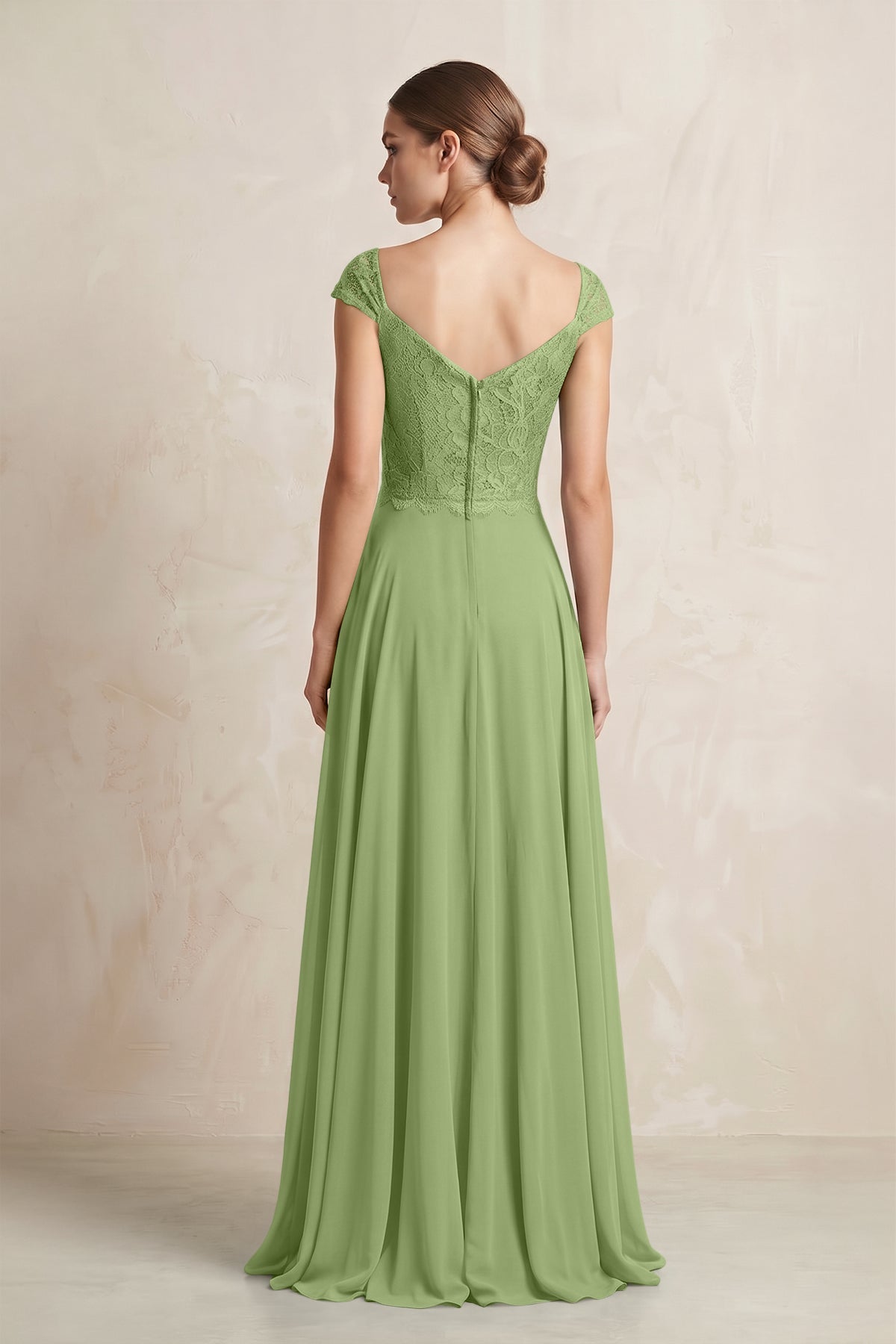 A-Line Chiffon V-Neck Pleated Bridesmaid Dress with Cap Sleeves in Matcha
