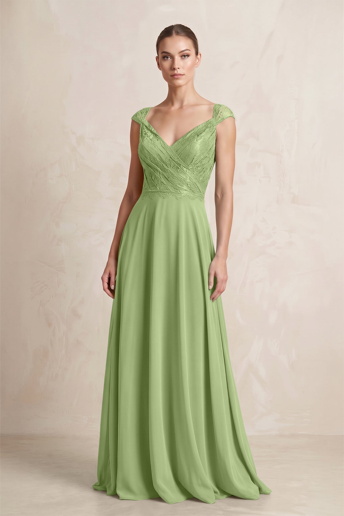 A-Line Chiffon V-Neck Pleated Bridesmaid Dress with Cap Sleeves in Matcha