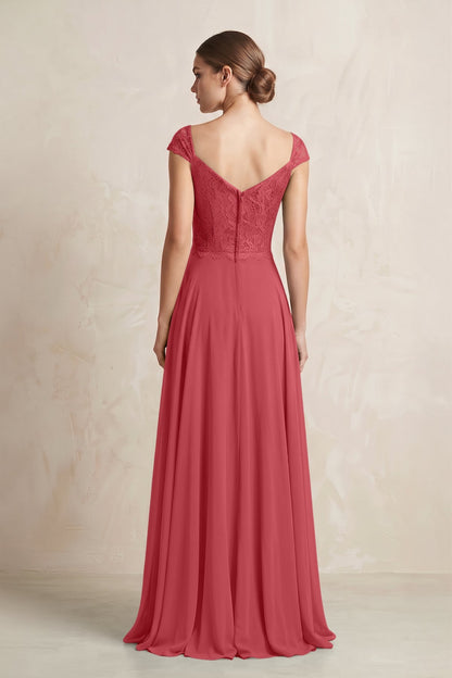 A-Line Chiffon V-Neck Pleated Bridesmaid Dress with Cap Sleeves in Merlot
