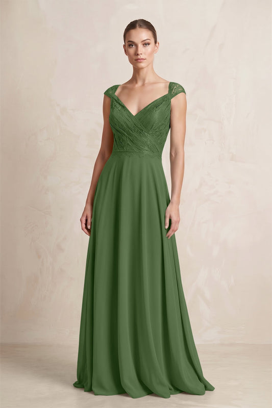 A-Line Chiffon V-Neck Pleated Bridesmaid Dress with Cap Sleeves in Moss