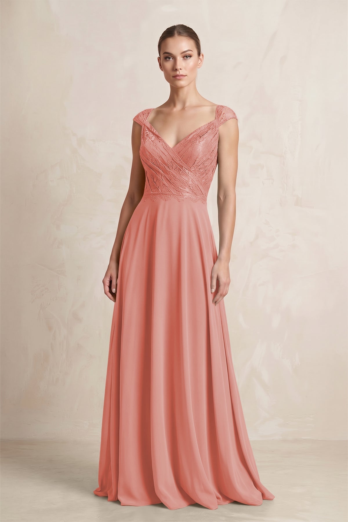 A-Line Chiffon V-Neck Pleated Bridesmaid Dress with Cap Sleeves in Mulberry