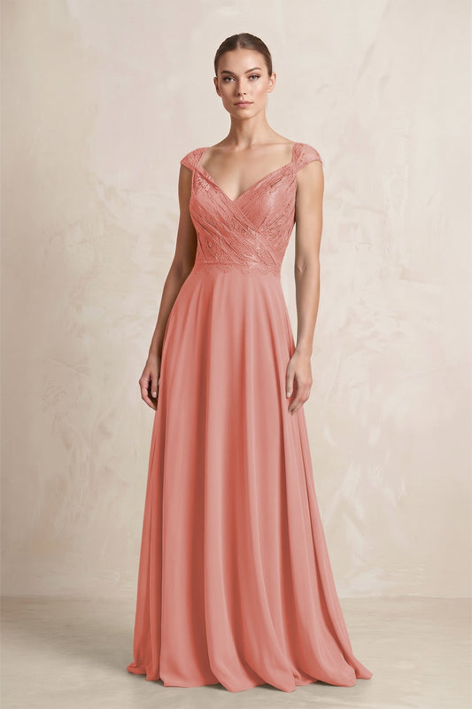 A-Line Chiffon V-Neck Pleated Bridesmaid Dress with Cap Sleeves in Mulberry