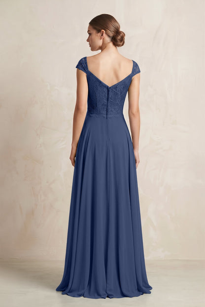 A-Line Chiffon V-Neck Pleated Bridesmaid Dress with Cap Sleeves in Navy