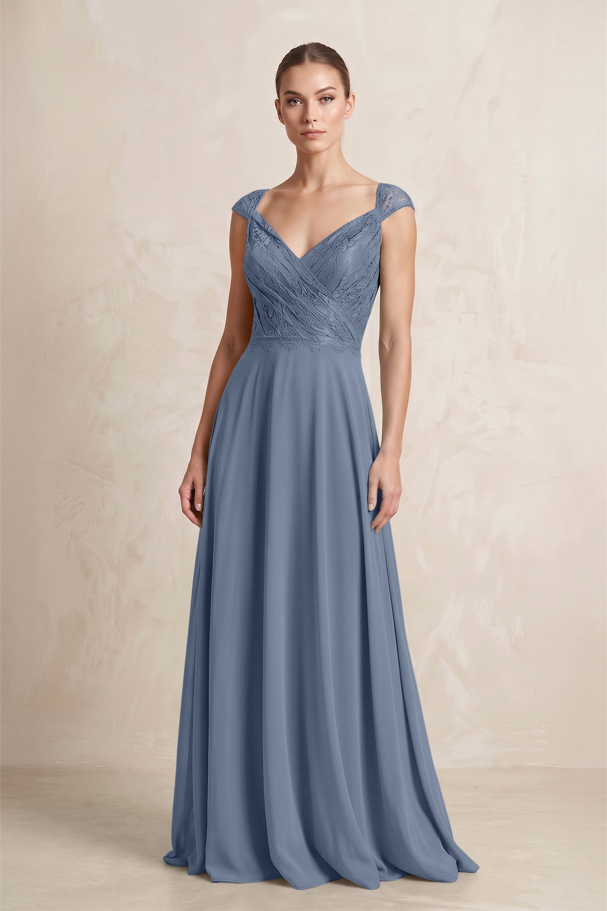 A-Line Chiffon V-Neck Pleated Bridesmaid Dress with Cap Sleeves in Neptune