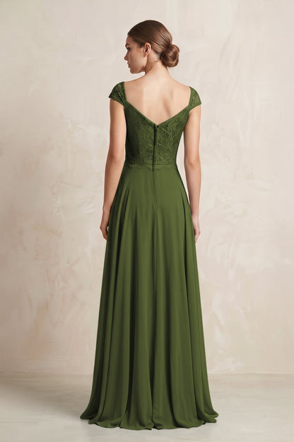 A-Line Chiffon V-Neck Pleated Bridesmaid Dress with Cap Sleeves in Olive