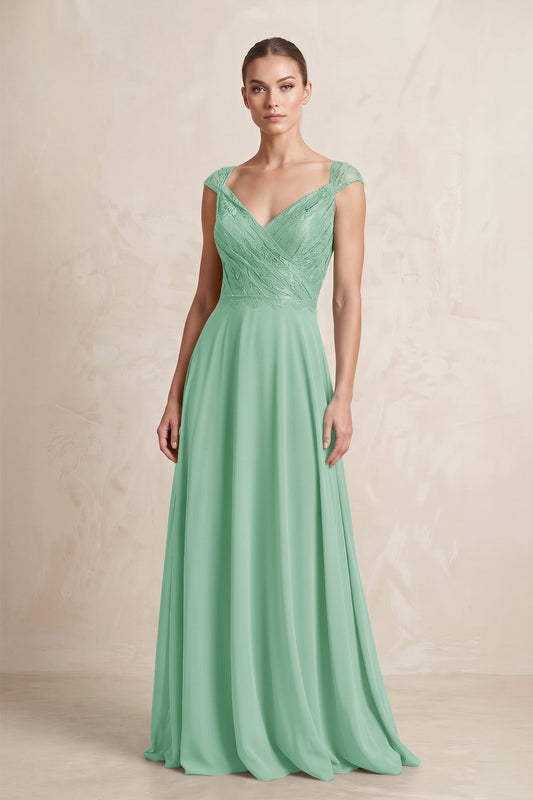 A-Line Chiffon V-Neck Pleated Bridesmaid Dress with Cap Sleeves in Pale Pistachio