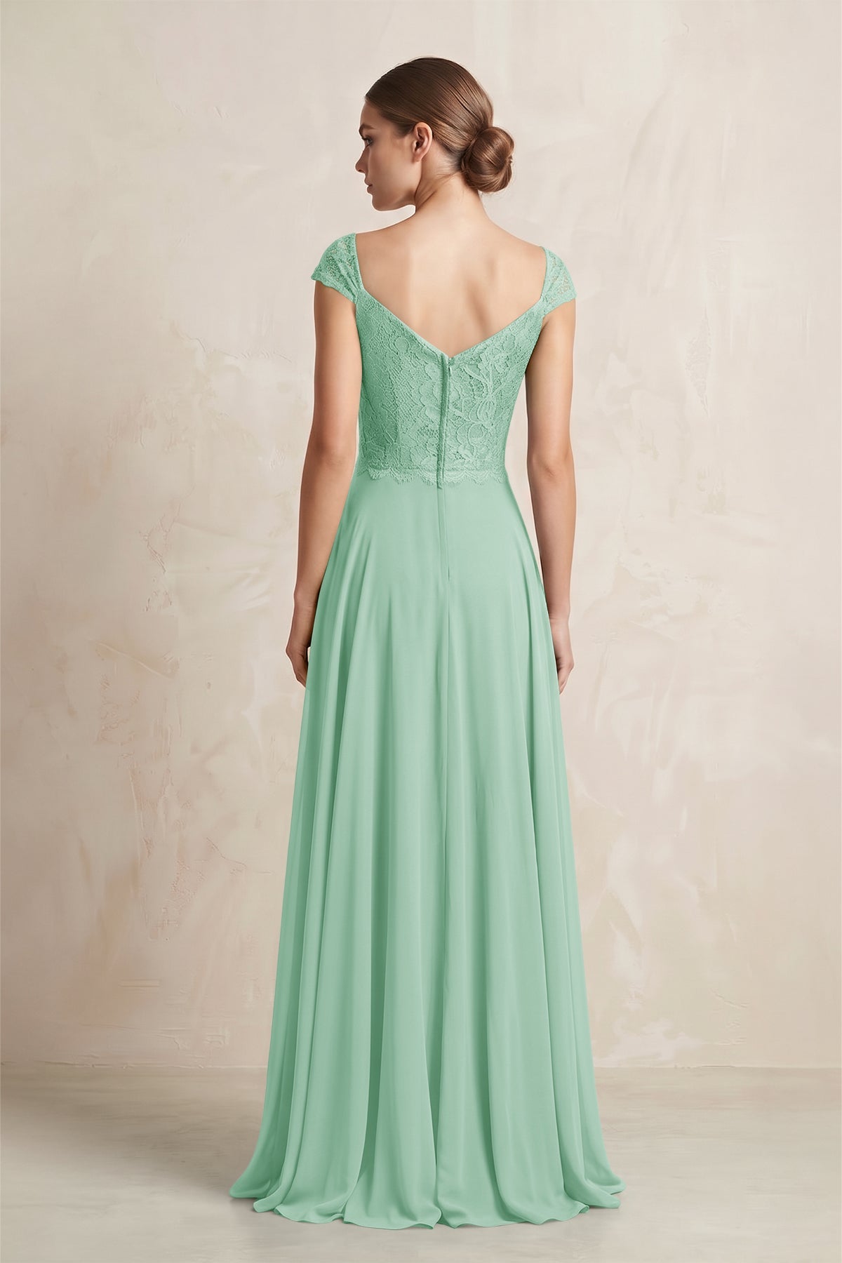 A-Line Chiffon V-Neck Pleated Bridesmaid Dress with Cap Sleeves in Pale Pistachio