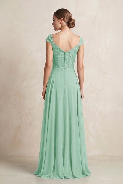 A-Line Chiffon V-Neck Pleated Bridesmaid Dress with Cap Sleeves in Pale Pistachio