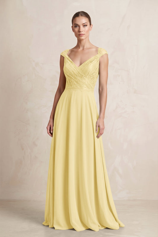 A-Line Chiffon V-Neck Pleated Bridesmaid Dress with Cap Sleeves in Pastel Yellow