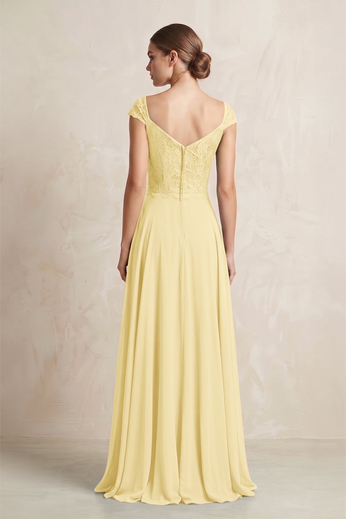 A-Line Chiffon V-Neck Pleated Bridesmaid Dress with Cap Sleeves in Pastel Yellow