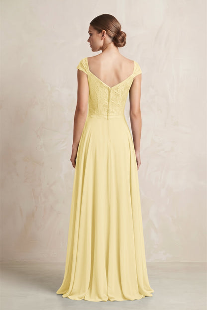 A-Line Chiffon V-Neck Pleated Bridesmaid Dress with Cap Sleeves in Pastel Yellow