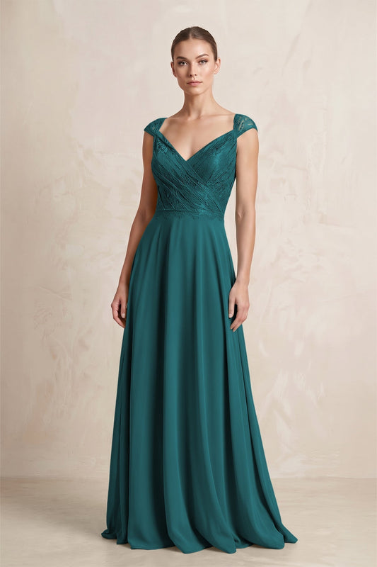 A-Line Chiffon V-Neck Pleated Bridesmaid Dress with Cap Sleeves in Pine