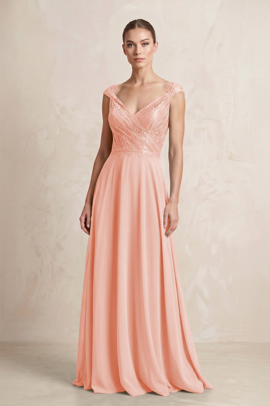 A-Line Chiffon V-Neck Pleated Bridesmaid Dress with Cap Sleeves in Rose Petal