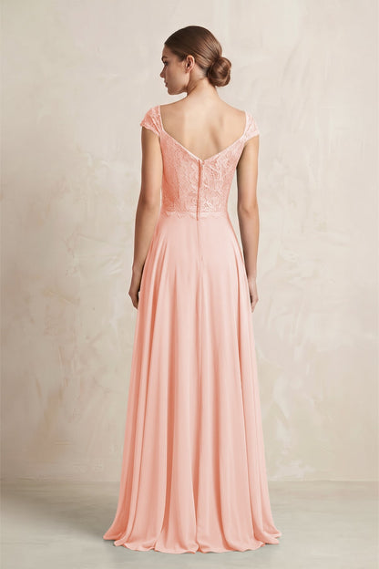 A-Line Chiffon V-Neck Pleated Bridesmaid Dress with Cap Sleeves in Rose Petal