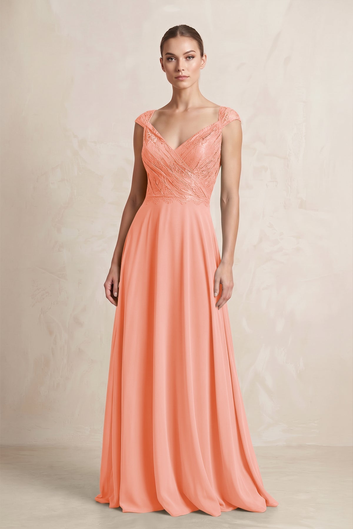 A-Line Chiffon V-Neck Pleated Bridesmaid Dress with Cap Sleeves in Rosette