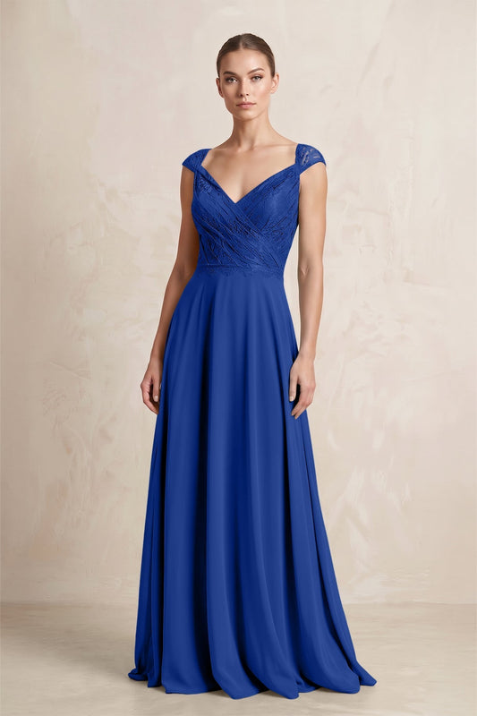 A-Line Chiffon V-Neck Pleated Bridesmaid Dress with Cap Sleeves in Royal Blue