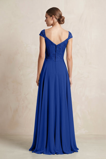 A-Line Chiffon V-Neck Pleated Bridesmaid Dress with Cap Sleeves in Royal Blue