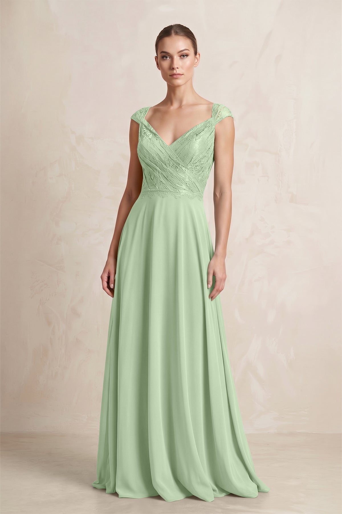 A-Line Chiffon V-Neck Pleated Bridesmaid Dress with Cap Sleeves in Sage