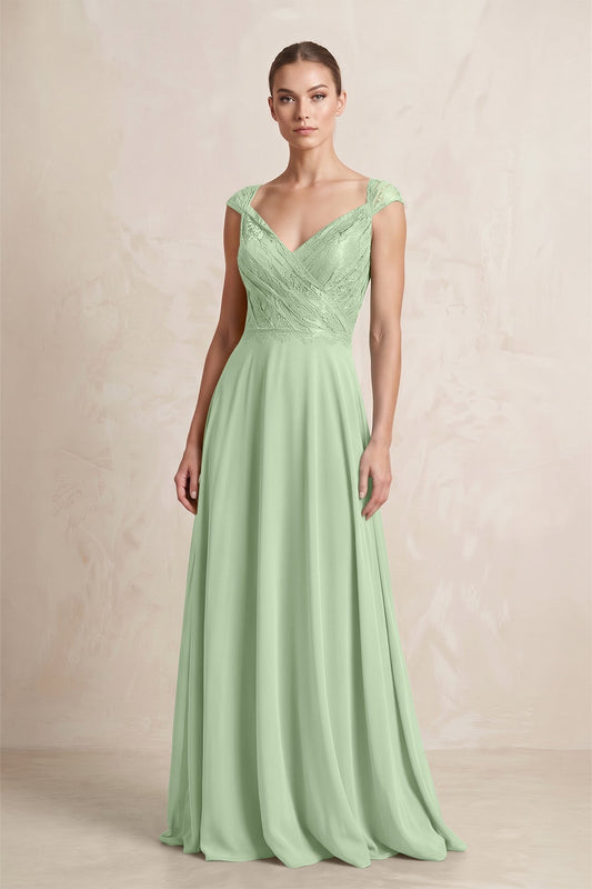 A-Line Chiffon V-Neck Pleated Bridesmaid Dress with Cap Sleeves in Sage
