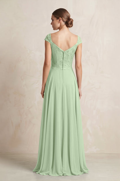 A-Line Chiffon V-Neck Pleated Bridesmaid Dress with Cap Sleeves in Sage