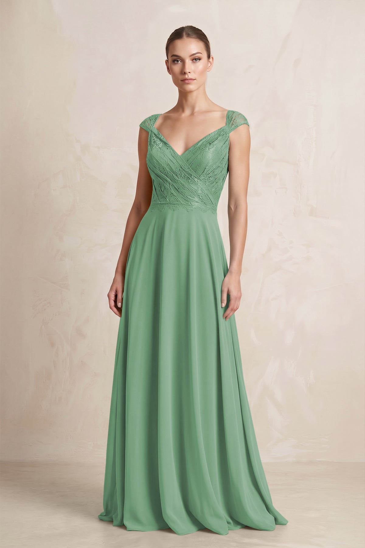 A-Line Chiffon V-Neck Pleated Bridesmaid Dress with Cap Sleeves in Sea Glass