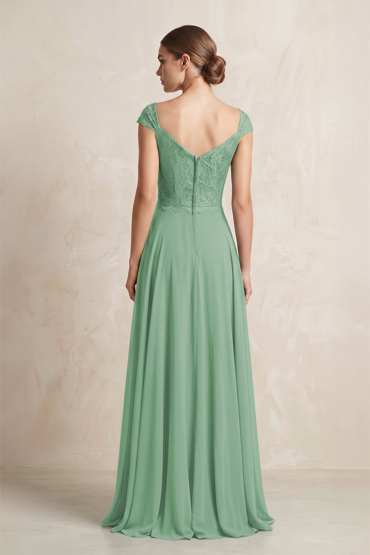 A-Line Chiffon V-Neck Pleated Bridesmaid Dress with Cap Sleeves in Sea Glass