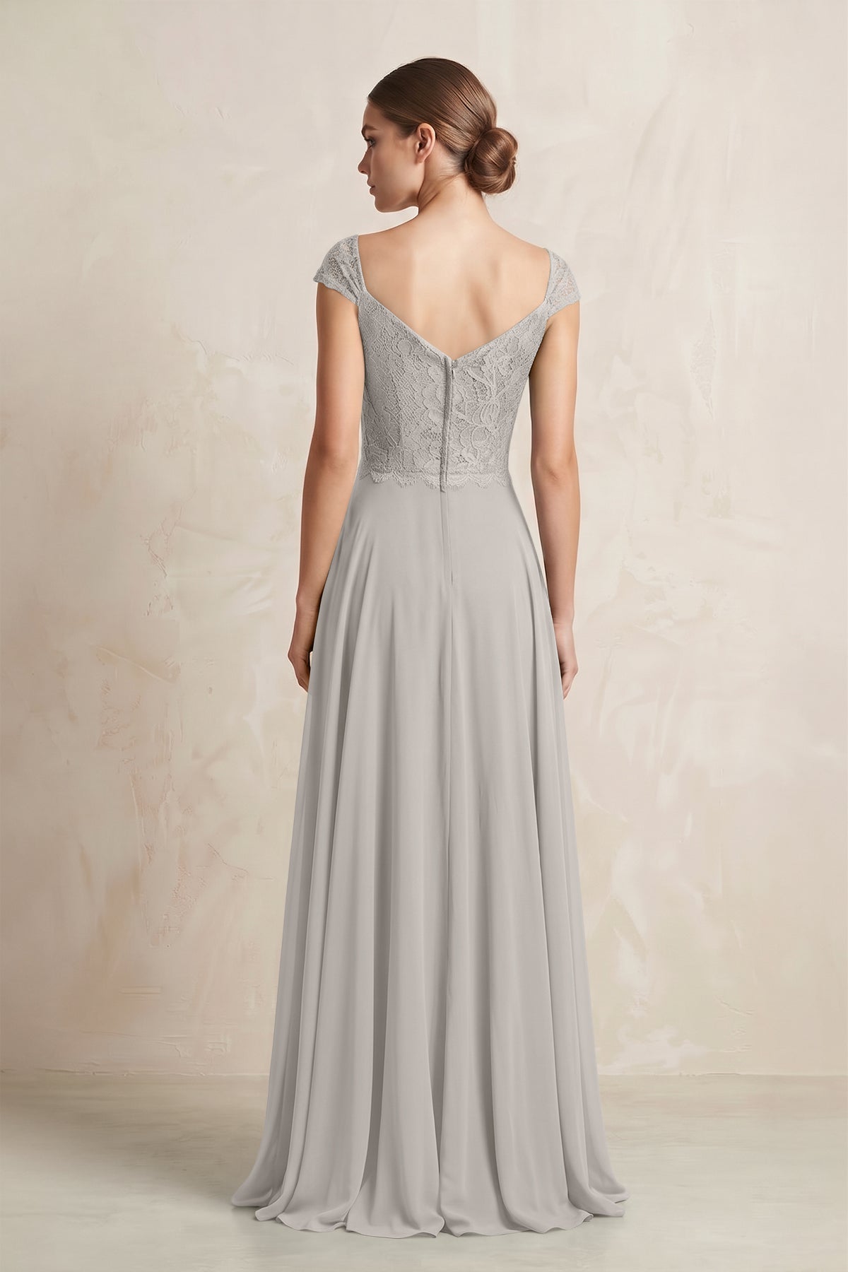 A-Line Chiffon V-Neck Pleated Bridesmaid Dress with Cap Sleeves in Silver