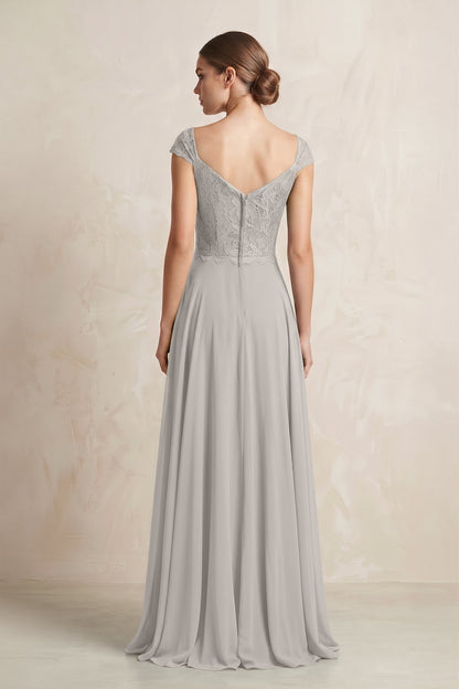 A-Line Chiffon V-Neck Pleated Bridesmaid Dress with Cap Sleeves in Silver