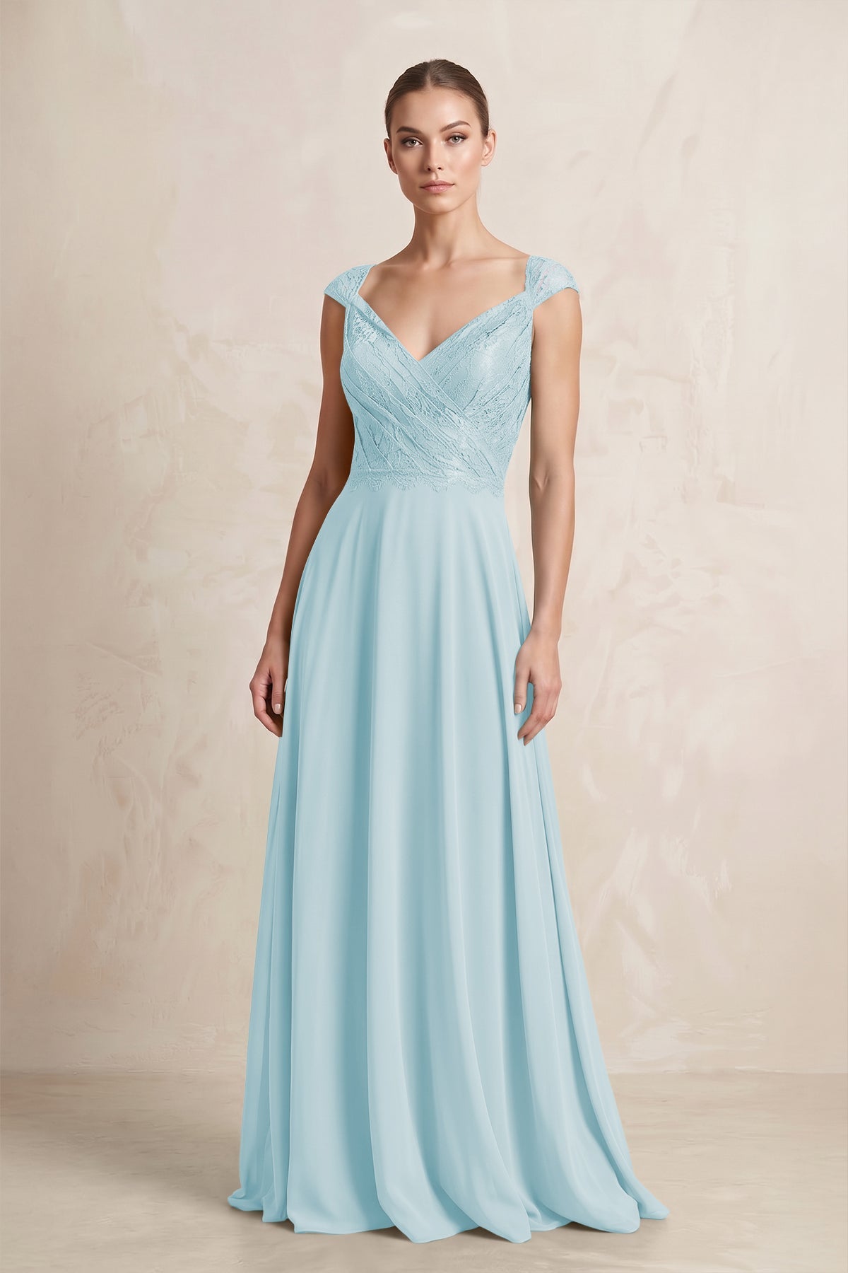 A-Line Chiffon V-Neck Pleated Bridesmaid Dress with Cap Sleeves in Sky Blue
