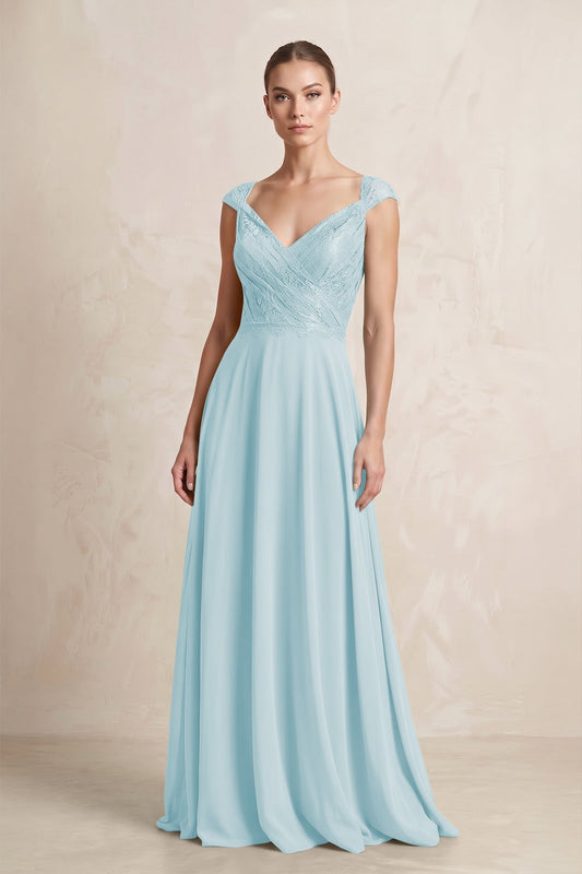 A-Line Chiffon V-Neck Pleated Bridesmaid Dress with Cap Sleeves in Sky Blue