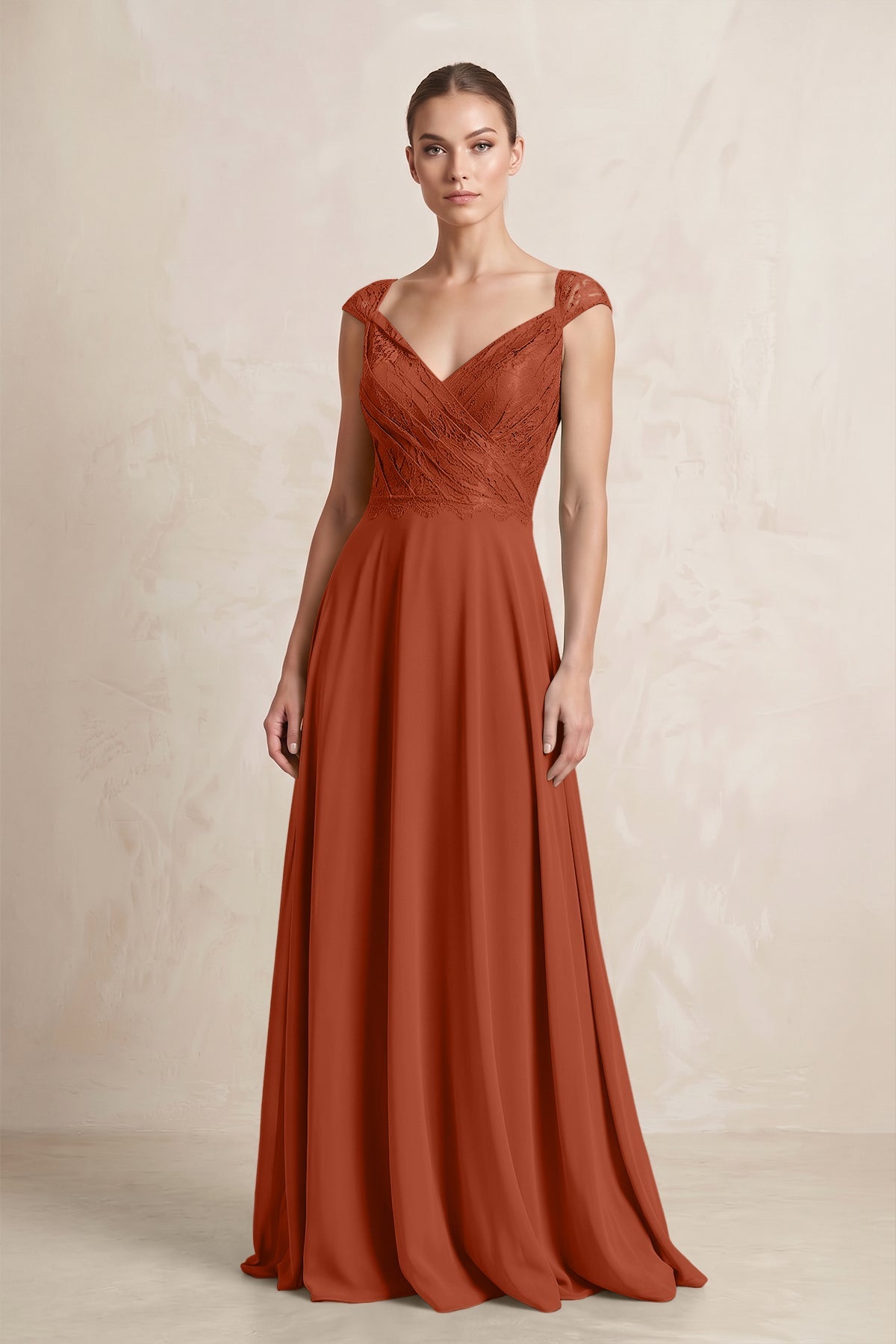 A-Line Chiffon V-Neck Pleated Bridesmaid Dress with Cap Sleeves in Spice