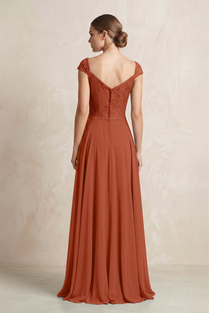 A-Line Chiffon V-Neck Pleated Bridesmaid Dress with Cap Sleeves in Spice