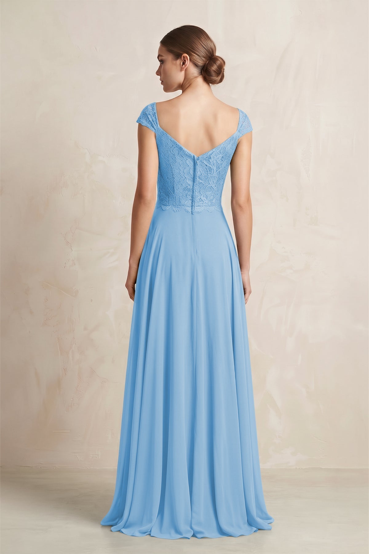 A-Line Chiffon V-Neck Pleated Bridesmaid Dress with Cap Sleeves in Steel Blue