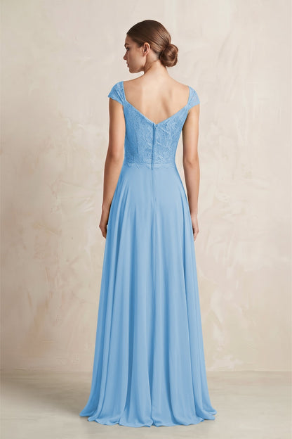 A-Line Chiffon V-Neck Pleated Bridesmaid Dress with Cap Sleeves in Steel Blue